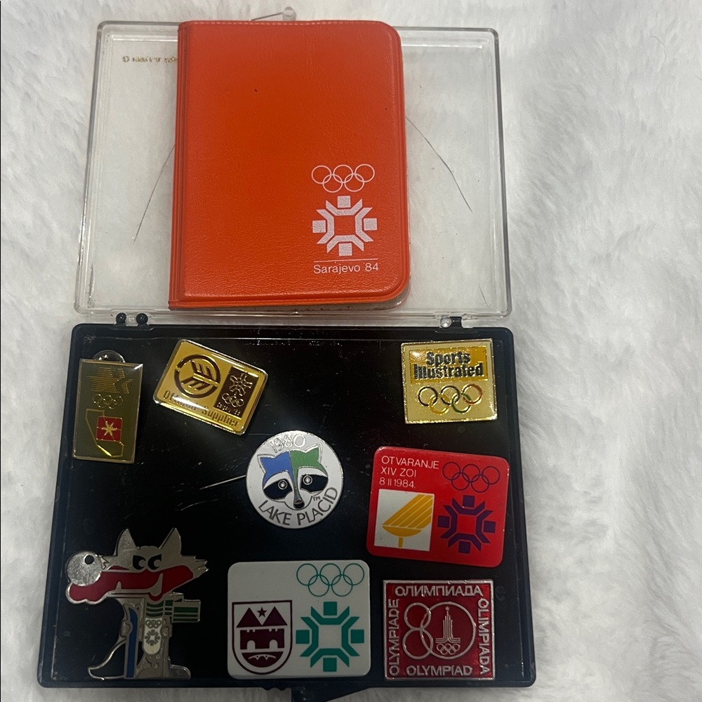 Sarajevo 84 Olympic Pins,Lake Placid 1980 
Box from Los Angeles 1984